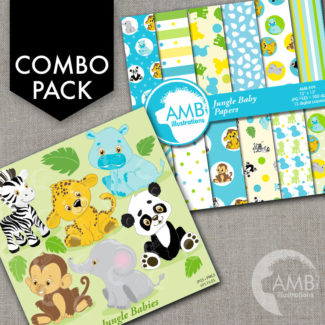 COMBO Jungle Animals Clipart and Digital Papers, Animal Babies, Baby Animals, Baby Shower Clipart, Commercial License, AMB-1692