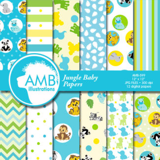 COMBO Jungle Animals Clipart and Digital Papers, Animal Babies, Baby Animals, Baby Shower Clipart, Commercial License, AMB-1692