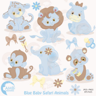 COMBO Jungle Animals Clipart and Digital Papers, Animal Babies, Blue Baby Animals, Baby Shower Clipart, Commercial License, AMB-1685