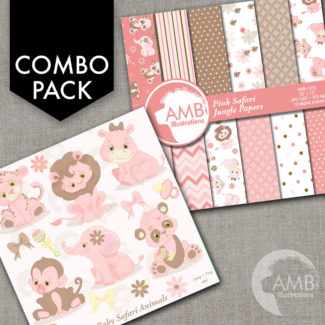 COMBO Jungle Animals Clipart and Digital Papers, Animal Babies, Pink Baby Animals, Baby Shower Clipart, Commercial License, AMB-1684