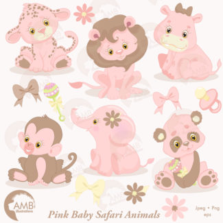 COMBO Jungle Animals Clipart and Digital Papers, Animal Babies, Pink Baby Animals, Baby Shower Clipart, Commercial License, AMB-1684