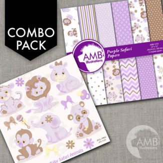 COMBO Jungle Animals Clipart and Digital Papers, Lavender Baby Animals, Purple Baby Shower Clipart, Commercial License, AMB-1686