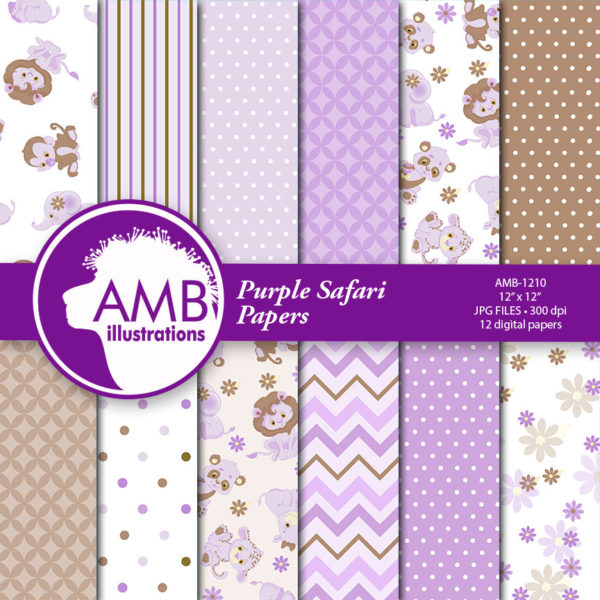 COMBO Jungle Animals Clipart and Digital Papers, Lavender Baby Animals, Purple Baby Shower Clipart, Commercial License, AMB-1686