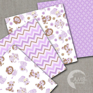 COMBO Jungle Animals Clipart and Digital Papers, Lavender Baby Animals, Purple Baby Shower Clipart, Commercial License, AMB-1686