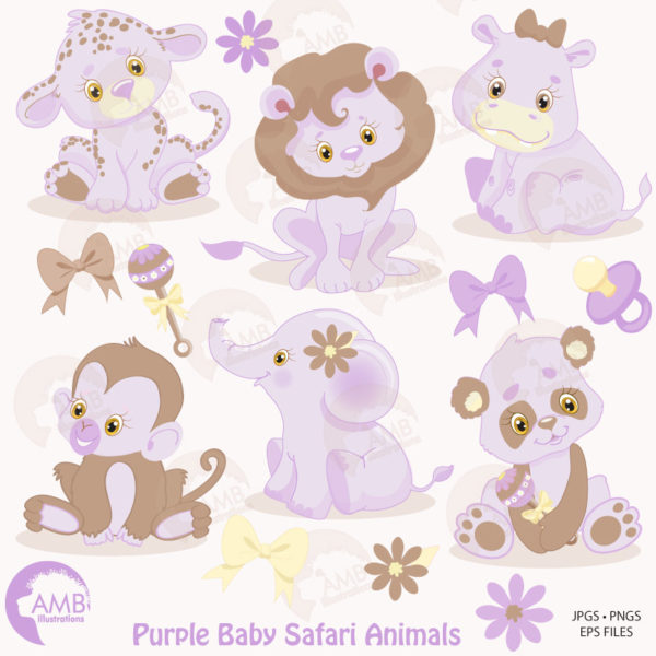 COMBO Jungle Animals Clipart and Digital Papers, Lavender Baby Animals, Purple Baby Shower Clipart, Commercial License, AMB-1686