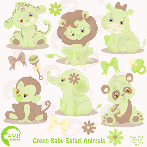 COMBO Jungle Animals Clipart and Digital Papers, Pastel Green Baby Animals, Green Baby Shower Clipart, Commercial License, AMB-1687