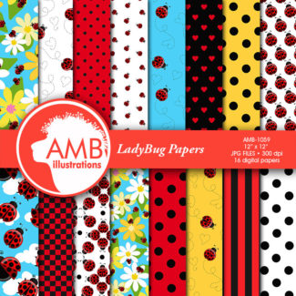 COMBO Ladybug Clipart And Digital Papers, Little Kids Ladybugs, Ladybug Birthday Party, Party invitations, Commercial Use, AMB-1616