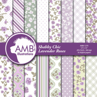 COMBO Lavender Roses Clipart and Digital Paper Pack,Purple Roses, Lavender Roses Embellishments, Shabby Chic Wedding, AMB-1650
