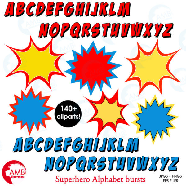 COMBO Letter and Numbers Clipart, Superhero Letter Bursts, Number Bursts Clipart, Commercial Use, AMB-1670