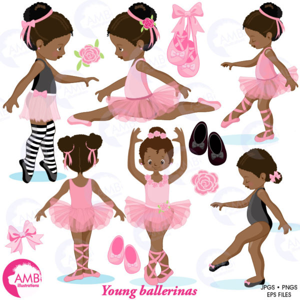 COMBO Little Pink Ballerinas Clipart and Digital Papers Pack, Ballet Class, Party invitations, Recital, African American, AMB-1652