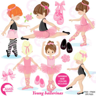 COMBO Little Pink Ballerinas Clipart  and Digital Papers Pack, Ballet Class, Party invitations, Recital, Commercial Use, AMB-1610