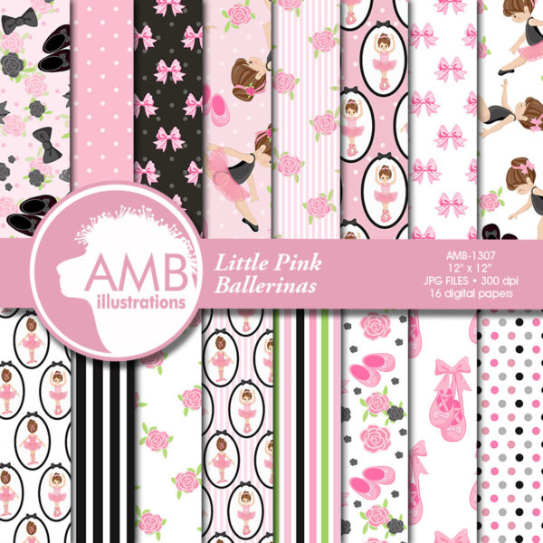 COMBO Little Pink Ballerinas Clipart  and Digital Papers Pack, Ballet Class, Party invitations, Recital, Commercial Use, AMB-1610