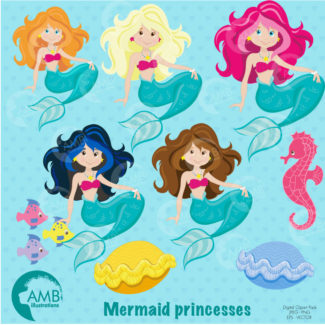 COMBO Mermaid clipart, Clipart and Digital Papers, mermaid princess, clipart, Mermaid Birthday Party, Commercial Use, AMB-1660
