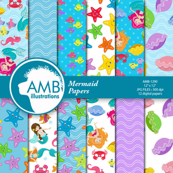 COMBO Mermaid clipart, Clipart and Digital Papers, mermaid princess, clipart, Mermaid Birthday Party, Commercial Use, AMB-1660