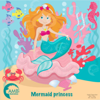 COMBO Mermaid clipart, Clipart and Digital Papers, mermaid princess, clipart, Mermaid Birthday Party, Commercial Use, AMB-1660