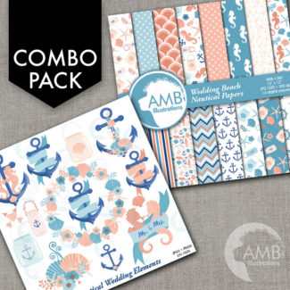 COMBO Nautical Clipart and Digital Papers, Nautical Beach Wedding Clip Art, Apricot and Teal Floral Banners Clipart, AMB-1690