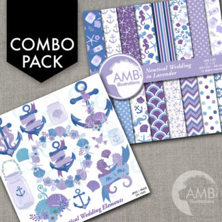 COMBO Nautical Clipart and Digital Papers, Nautical Beach Wedding Clip Art, Lavender Floral Banners Clipart, AMB-1691
