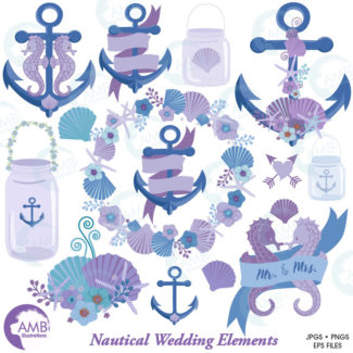 COMBO Nautical Clipart and Digital Papers, Nautical Beach Wedding Clip Art, Lavender Floral Banners Clipart, AMB-1691