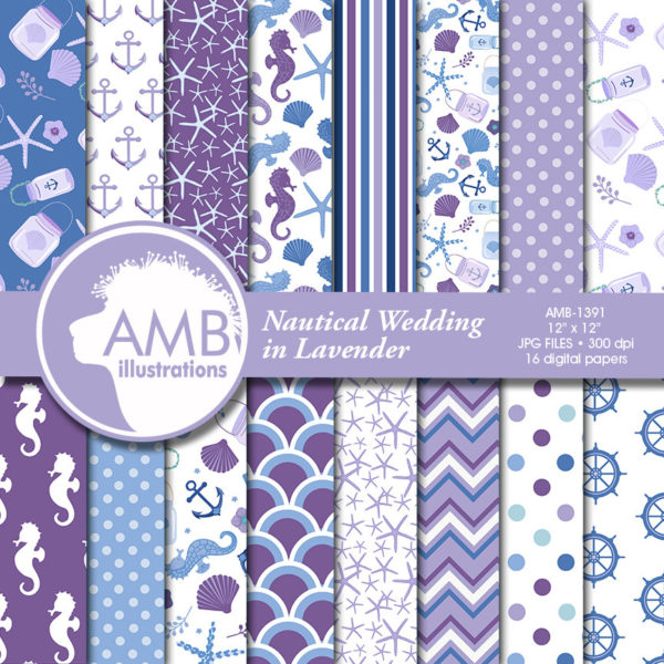 COMBO Nautical Clipart and Digital Papers, Nautical Beach Wedding Clip Art, Lavender Floral Banners Clipart, AMB-1691