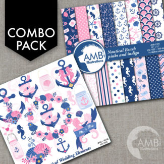COMBO Nautical Clipart and Digital Papers, Nautical Beach Wedding Clip Art, Pink and Blue Floral Banners Clipart, AMB-1689