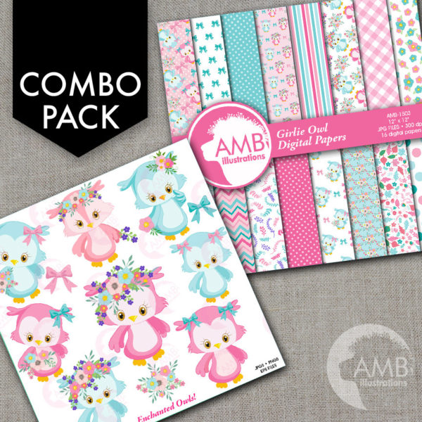 COMBO Owl Clipart and Digital Papers Pack, Forest animals, Floral Owls Clipart, Baby Owlettes with Flowers, Commercial Use, AMB-1613