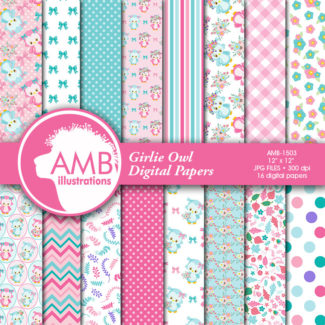COMBO Owl Clipart and Digital Papers Pack, Forest animals, Floral Owls Clipart, Baby Owlettes with Flowers, Commercial Use, AMB-1613