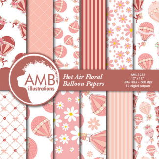 COMBO Pink Hot Air Balloon Digital Papers and Clipart Pack, Wedding Clipart, Shabby Chic, Country Wedding, Country Party, AMB-1607