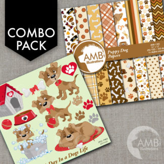 COMBO Puppy Dog Clipart and Digital Papers Pack, Pet Clipart, Dog House, Dog Dish, Dog in Bath, Commercial Use, AMB-1614