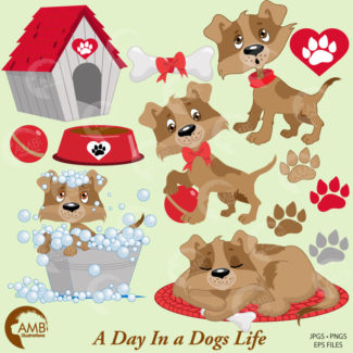 COMBO Puppy Dog Clipart and Digital Papers Pack, Pet Clipart, Dog House, Dog Dish, Dog in Bath, Commercial Use, AMB-1614
