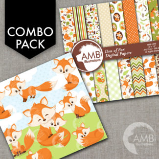 COMBO Red Foxes Clipart and Digital Papers Pack, Forest animals, Party invitations, Vixen and Pups images, Commercial Use, AMB-1614