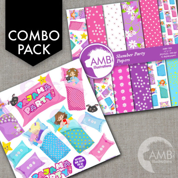 COMBO Slumber party Digital Papers and Clipart, pajama party, girls sleep over, Birthday Party invitations, Commercial Use, AMB-1631