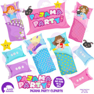COMBO Slumber party Digital Papers and Clipart, pajama party, girls sleep over, Birthday Party invitations, Commercial Use, AMB-1631