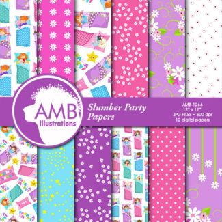 COMBO Slumber party Digital Papers and Clipart, pajama party, girls sleep over, Birthday Party invitations, Commercial Use, AMB-1631