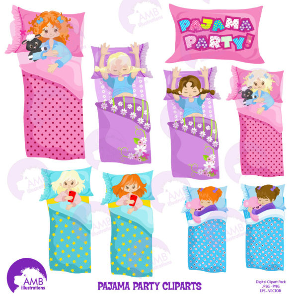 COMBO Slumber party Digital Papers and Clipart, pajama party, girls sleep over, Birthday Party invitations, Commercial Use, AMB-1631