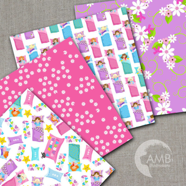 COMBO Slumber party Digital Papers and Clipart, pajama party, girls sleep over, Birthday Party invitations, Commercial Use, AMB-1631