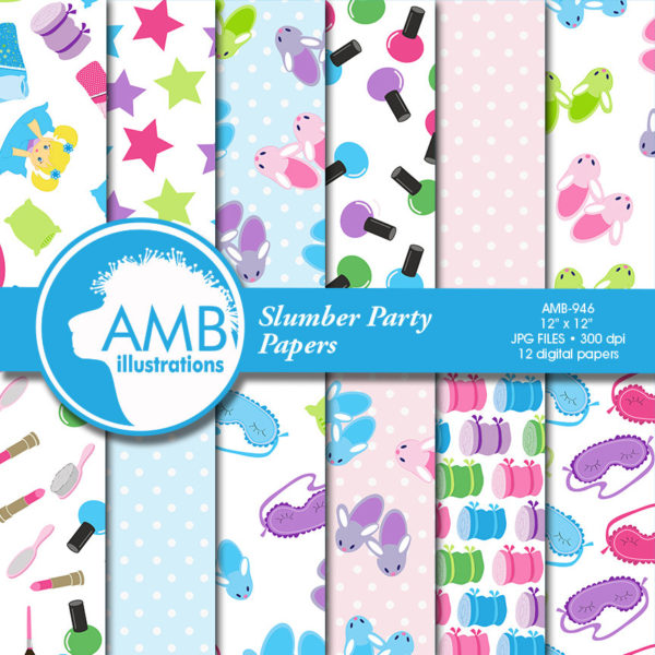 COMBO Slumber Party Digital Papers and Clipart, Pyjama Party, Girls Sleep Over, Birthday Party Invitations, Commercial Use, AMB-1707