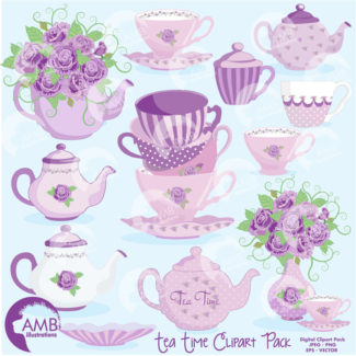 COMBO Tea Time Clipart and Digital Paper Pack, Teapot, Tea Party, High Tea, Teatime Lavender Roses Shabby Chic Wedding, AMB-1648