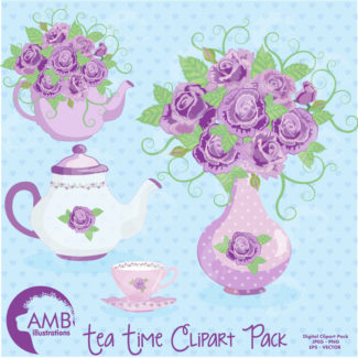 COMBO Tea Time Clipart and Digital Paper Pack, Teapot, Tea Party, High Tea, Teatime Lavender Roses Shabby Chic Wedding, AMB-1648