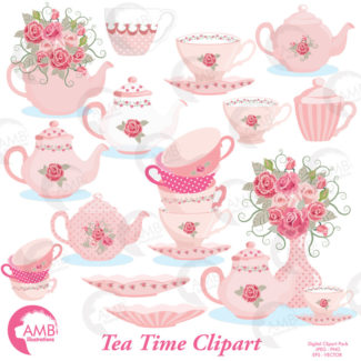 COMBO TTea Time Pink Roses Clipart and Papers Teapot, Tea Party, High Tea, Teatime Pink Roses Shabby Chic Country Wedding, AMB-1626