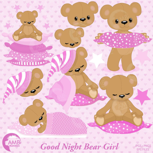 COMBO Teddy Bear Digital Papers and Clipart, Nursery, Slumber Party, Baby Girl, Baby Bear, Baby Shower, Girl Birthday, AMB-1643