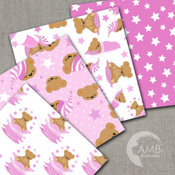 COMBO Teddy Bear Digital Papers and Clipart, Nursery, Slumber Party, Baby Girl, Baby Bear, Baby Shower, Girl Birthday, AMB-1643