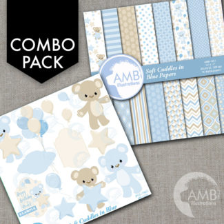 COMBO Teddy bear, nursery, slumber party, baby boy, bear, Digital Clipart and Digital paper, Boy birthday clipart AMB-1601