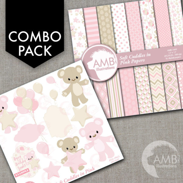 COMBO Teddy Bear, Nursery, Slumber Party, Baby Girl, Bear, Digital Clipart and Digital papers, Girl birthday clipart AMB-1600