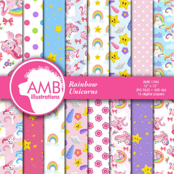 COMBO Unicorn Clipart and Digital Papers, Rainbow Clipart, Rainbow Unicorn Baby Clipart, Pink Unicorns, Commercial Use, AMB-1675