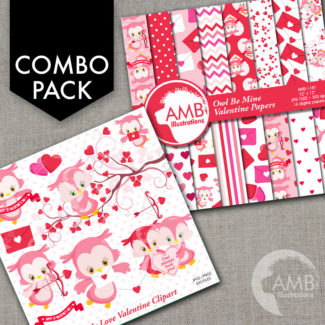 COMBO Valentine Owls Clipart and Digital Papers Pack, Cupid, Hearts, Party invitations, Valentines Baby Owls, AMB-1677