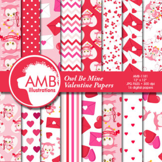 COMBO Valentine Owls Clipart and Digital Papers Pack, Cupid, Hearts, Party invitations, Valentines Baby Owls, AMB-1677