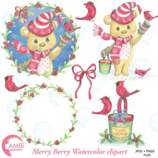 COMBO Watercolor Christmas Clipart and Digital Paper Pack, Teddy Bear, Christmas cardinals, Commercial Use, AMB-1706