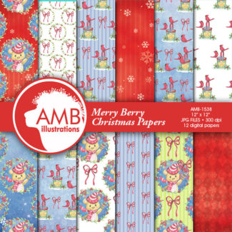 COMBO Watercolor Christmas Clipart and Digital Paper Pack, Teddy Bear, Christmas cardinals, Commercial Use, AMB-1706