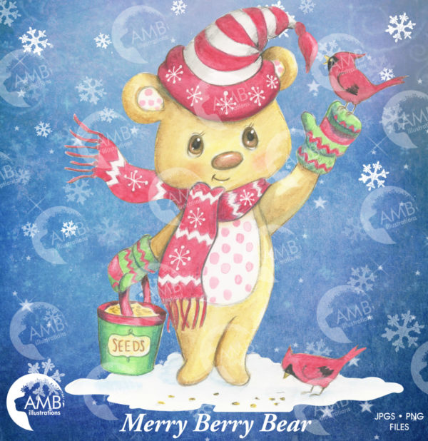 Teddy Bear Christmas Clipart and Papers Pack cardinals, Commercial Use, AMB-1706