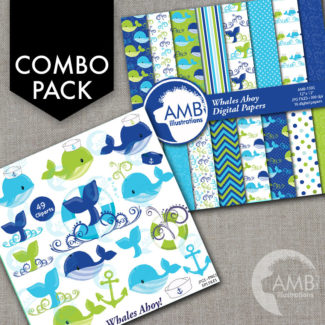COMBO Whales Clipart and Digital Paper, Nautical Clipart, Animal Babies, Blue Baby Animal, Baby Shower Clipart, Commercial License, AMB-1717